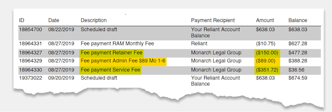 A highlighted section from the lawsuit showing dubious fees.